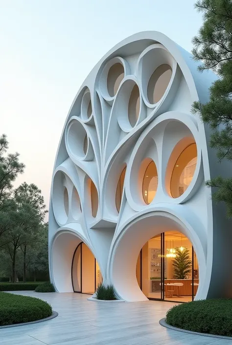 Postmodern facade architecture of resturant in iran , shell of paper design white concrete , high quality rendering architecture, cinematic , 7,5 meter width 22.5 meter height , with plant , greeness , with details, square