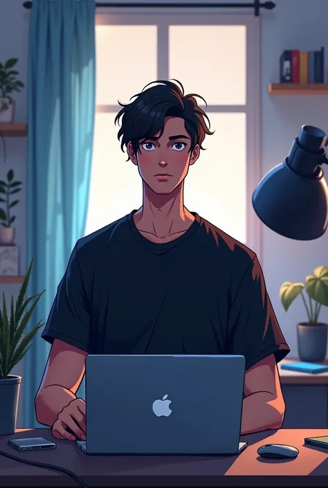 A YouTuber stands in front of a camera in his studio, the YouTubers face is directly in front of the camera, using a laptop, wearing a black shirt, with tech equipment in the  background. The room has a soft glow of ambient light, highlighting a curtalned ...