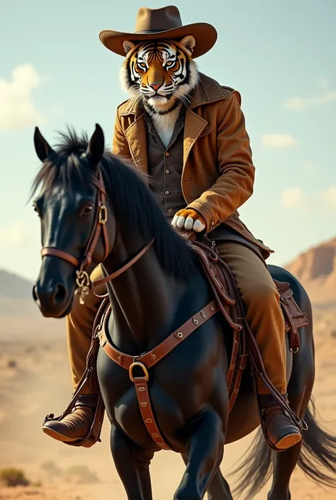 Tiger as a cowboy on black horse
