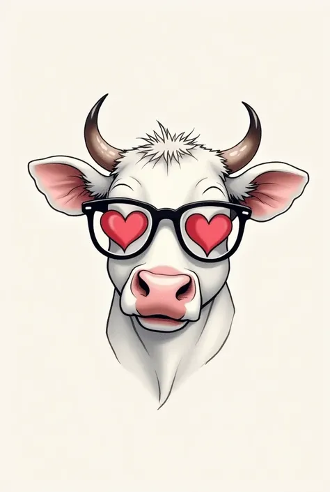 A fine line tattoo design of a cute cow&#39;s head wearing glasses with heart-shaped lenses on the tip of its snout 