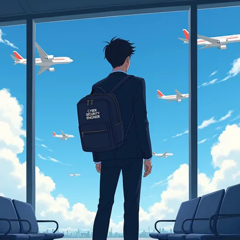 An adult big student 2 boy wearing black  blazer complet 
Standing in airport watching panes fly
In his school bag its written Cyber Security Engineer 
View from backside of his back

Anime 