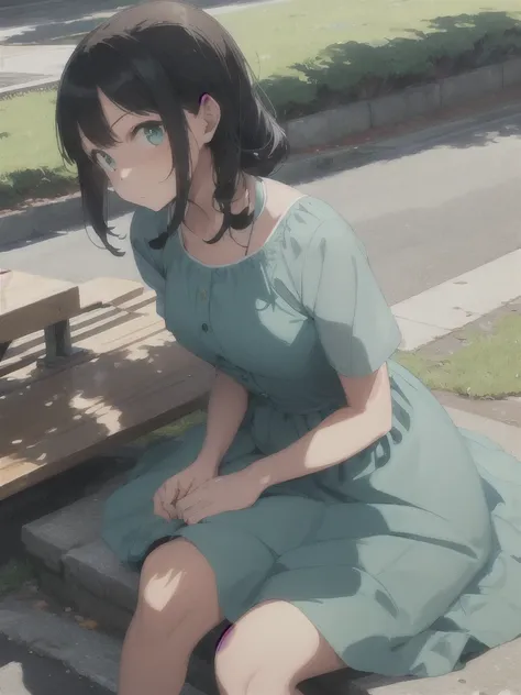 a girl , blue+green color dress  sitting in a park , evening time looking up front view 