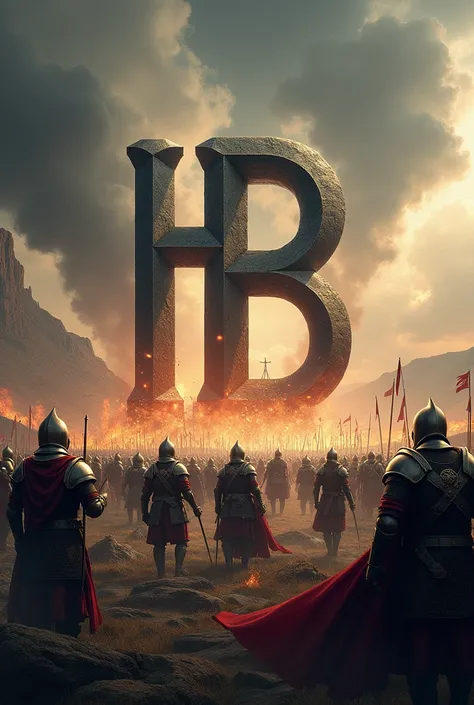 Create me a wallpaper with the initials HB on an epic battlefield