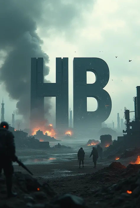 Create me a wallpaper with the initials HB on an epic modern battlefield