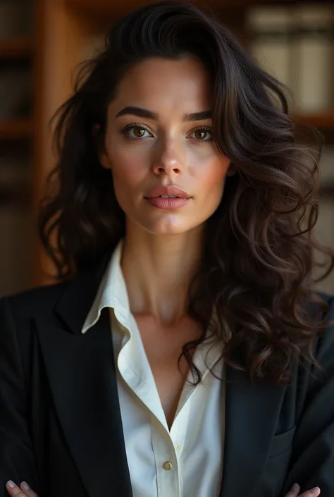 Beautiful women in law coat with lose curly hair, brown eyes and bossy vibes