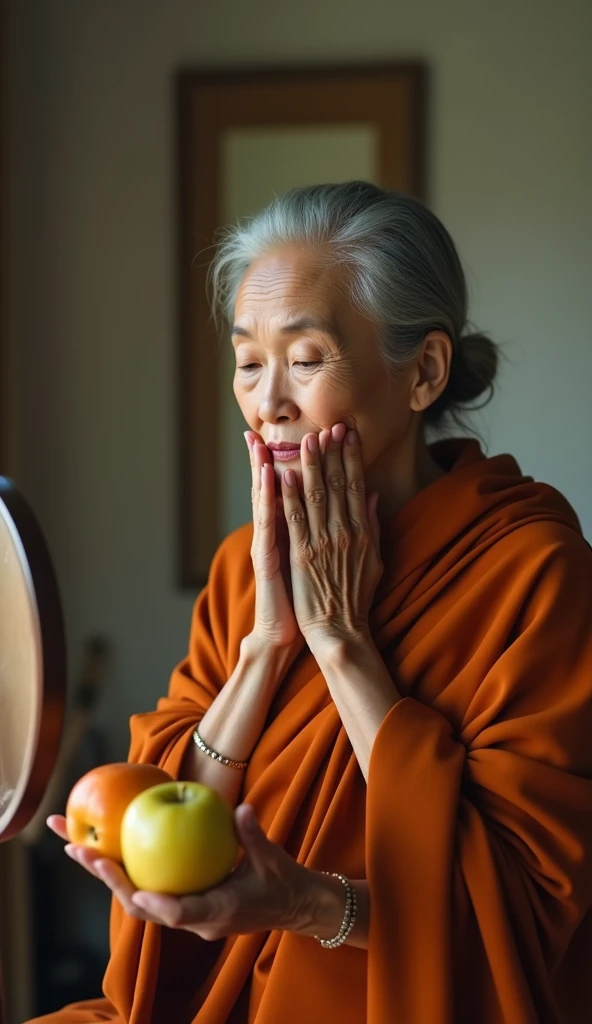 The same elderly Buddhist woman stands in front of a small mirror, gently touching her face as she talks about how certain fruits can help maintain youthfulness and vitality. She holds a papaya and an apple in her hands, highlighting their roles in keeping...