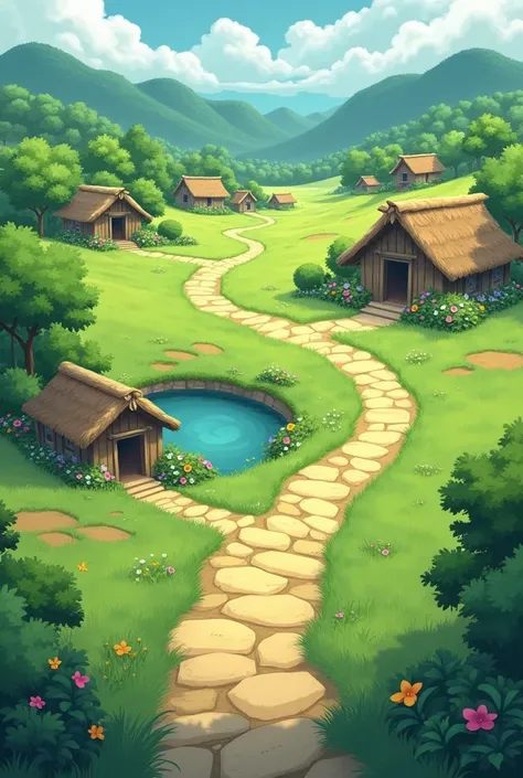 green village view, have some hut,a pond with green water,a field with little green grass, a walking road made with white yellowish stone, have some flower in field, have some colorful small tree side the pond