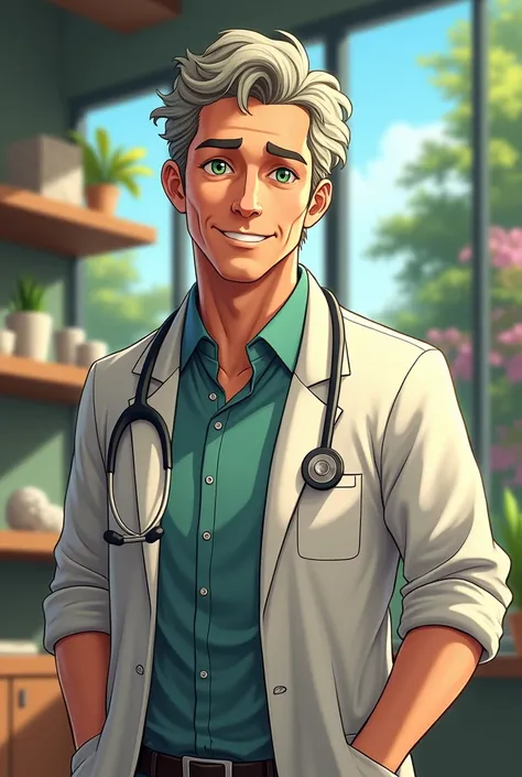 Man dressed as a nutritionist, 40 year old green eyed white man, 3d anime