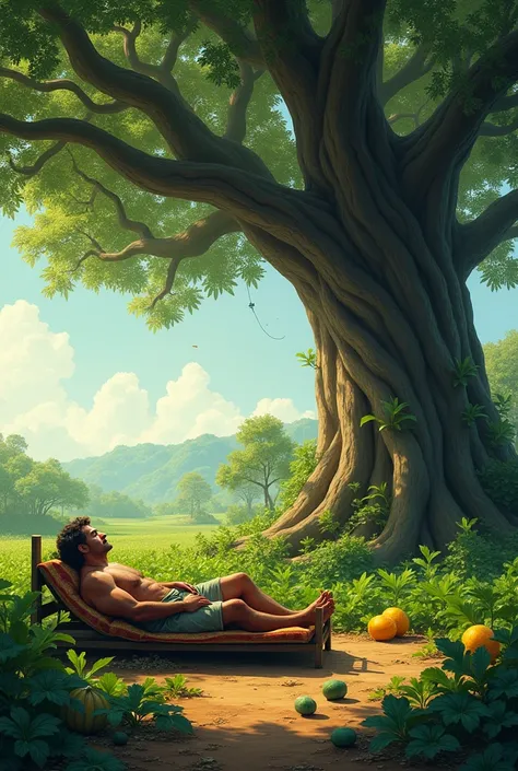 A man was lying on a bed under a banyan tree and guarding many melon gardens