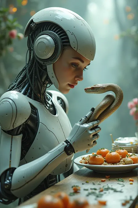 Robot girl eat the snake with lunch 