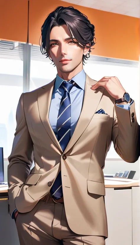 1man, solo,  side parted hairstyle, black hair, black eyes, beige lips, 40 years old, smile,wear a gray suit, cowboy shot, company office, looking at viewer, (opened mouth:1.3)