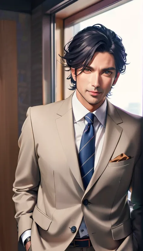 1man, solo,  side parted hairstyle, black hair, black eyes, beige lips, 40 years old, smile,wear a gray suit, cowboy shot, company office, looking at viewer, (opened mouth:1.3)