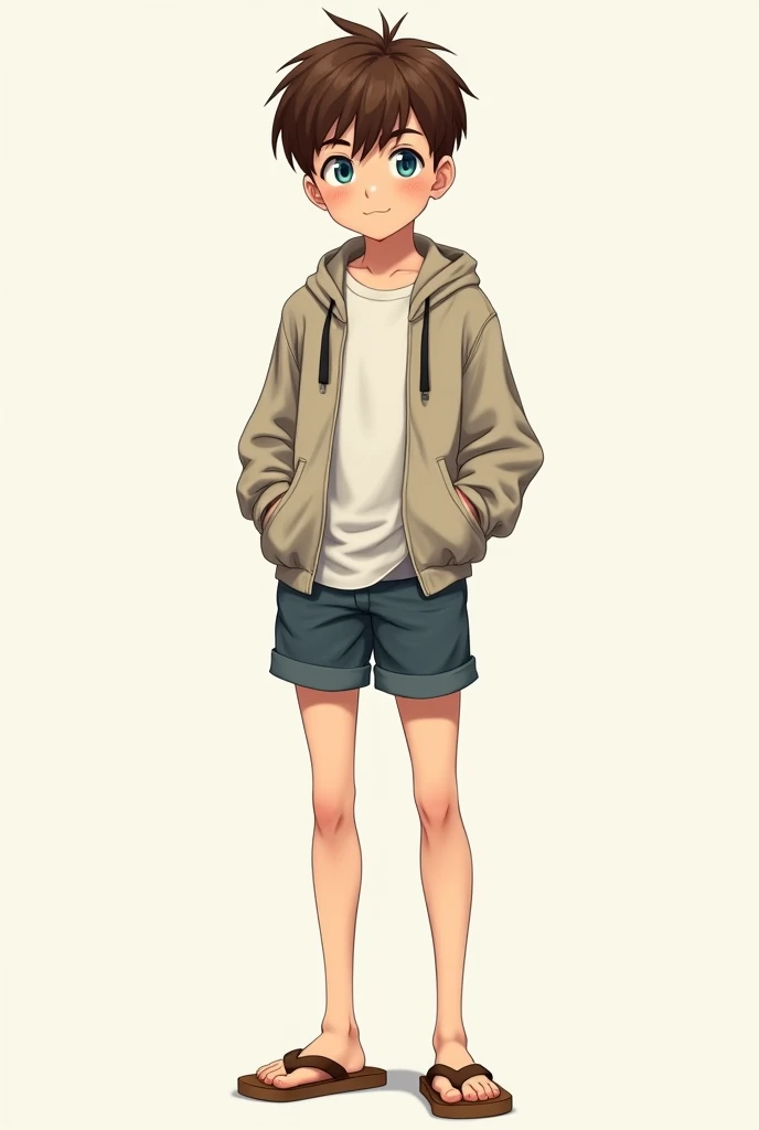 Boy , in shorts,jacket,anime style,detailed face,fip flops ,blue eyes,brown hairs,long legs showing