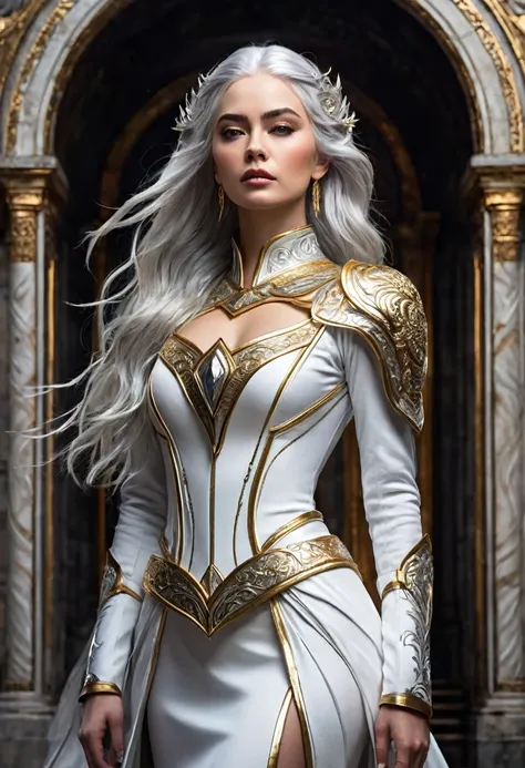 "Nesta Archeron stands tall and unyielding, her presence commanding attention with an air of icy regality. Her features are sharp and striking, a mirror to her unrelenting spirit. She has long, silver-gold hair that falls in elegant waves down her back, a ...