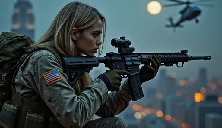 Photorealistic、Realistic skin texture、high resolution、High definition、Arabian girl in tiger stripe camouflage uniform、Manhattan night view in New York、Very beautiful 1 female soldier、Carrying a military backpack、Wearing a bulletproof vest、Aiming an automat...