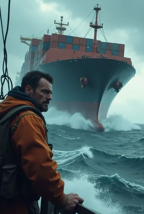 Creat a sailor on container ship, ship is world biggest ship, suffering with a storm, and captain is trying to save all the sailors , all the sailors in that world biggest container ship