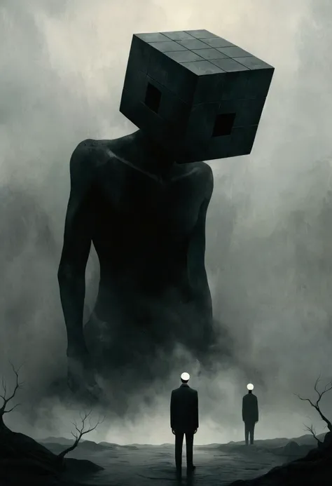 Faceless Man,(((Cube head)))，Cube Anthropomorphism，bend over，Tired， Alessio Albi, Abstract Surrealism, Faceless Man dark, Unsettling horror limbo, Mist