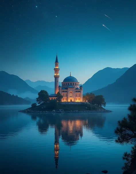 mosque on an island in the middle of a clear lake, trees on the edge of the lake and around the mosque, around the lake there are hills, with an night atmosphere, sky full of the stars, shooting stars, high resolution, super hd, far few mosuque