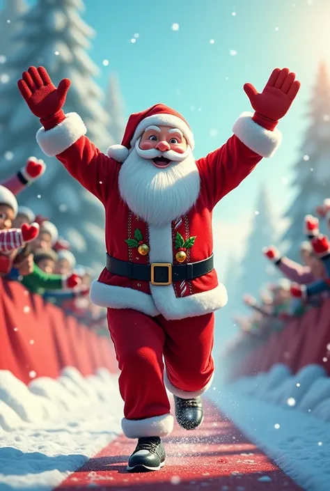 I would like you to create an image of Santa Claus running a marathon and coming in first place, celebrating with great happiness.