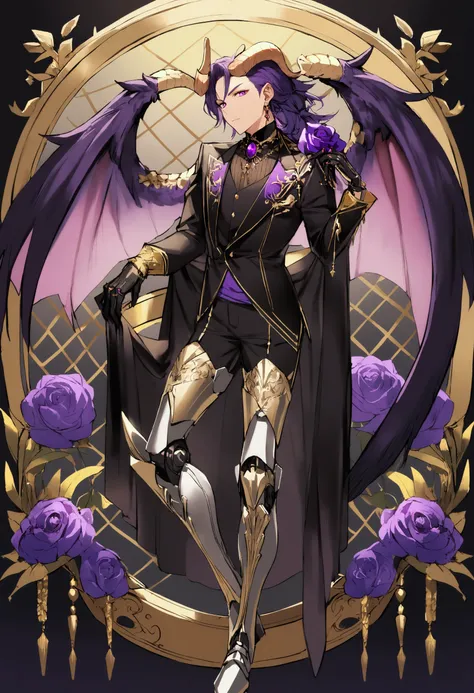 , 1male,half dragon,cosmic horns,prosthetic legs, young,purple roses,fancy