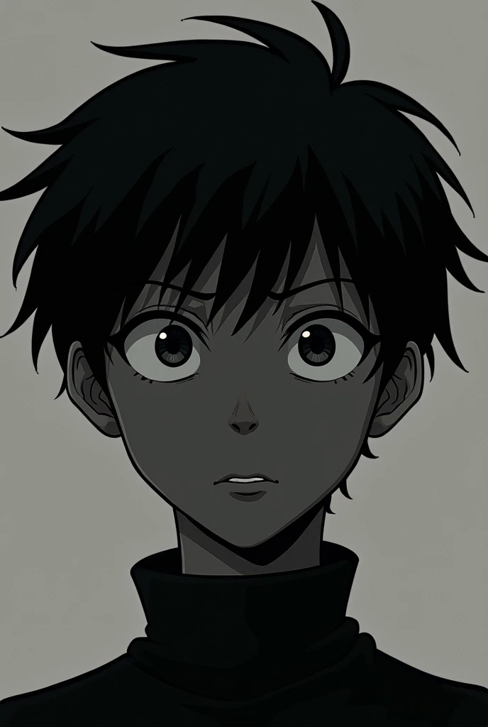 Black eyes,black skin,ugly,big 
nose,black hair,anime,male,twelve years old 
