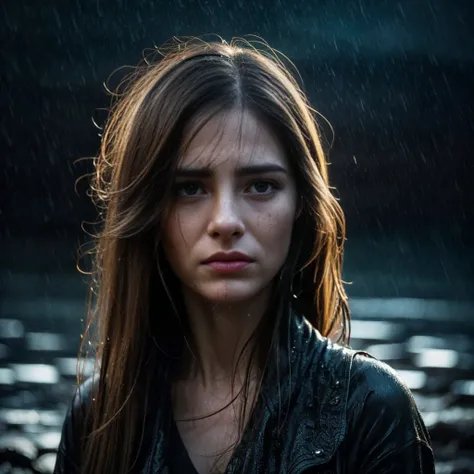 (brown hair,streaked hair,mole under eye,cat ears,crying,atmospheric perspective,8k,super detail,dark lighting,best quality,heavy rain),vivid colors,ultra-detailed,emotionally intense,portraits,dramatic,soft focus,expressive,facial features,emotional light...