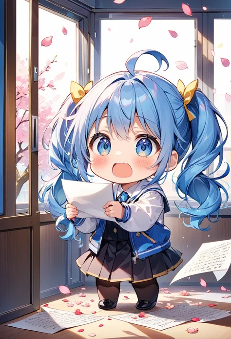 Highest quality、High resolution、Detailed Background、Beautiful face in every detail、Anatomically correct、Detailed facial expressions、fine grain、((full body, from side:1.5, looking away:1.2)), break　((One Girl:1.5)、((Chibi Girl:1)))、Bright cute blue hair col...