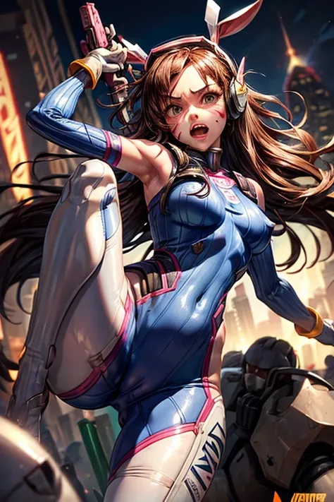 1 girl, (d.va(Overwatch):0.8), alone, long hair, Beard markings, tights, camel toe,nipples, crotch,badly defeated,naked, mustacsh on her partswearing not, half naked, camel toe shown,the moment a silver robot punches between her legs ,damaged,crotch puched...