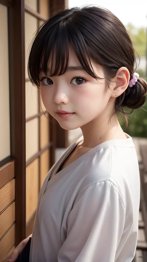 Pie Slash、 Adorable,Japanese Girls, (Portraiture, close:1),Curly shorthair,  Scrunchie,( cheek,Glossy Lips:1),  View your viewers,  ,Sweaty, (Baby Face),   (Embarrassing, smile:0.7), (Pale skin:1.1), (From the side), sunset,  catch_Light, 