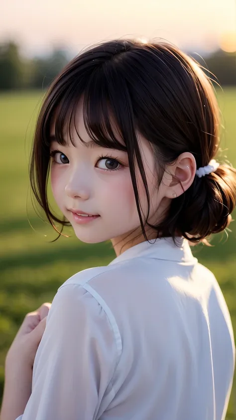 Pie Slash、 Adorable,Japanese Girls, (Portraiture, close:1),Curly shorthair,  Scrunchie,( cheek,Glossy Lips:1),  View your viewers,  ,Sweaty, (Baby Face),   (Embarrassing, smile:0.7), (Pale skin:1.1), (From the side), sunset,  catch_Light, 