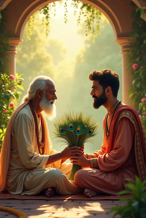 Generate an image where two men in indian  dress are sitting in front of each other, one of them is  holding a bunch of peacock feathers 