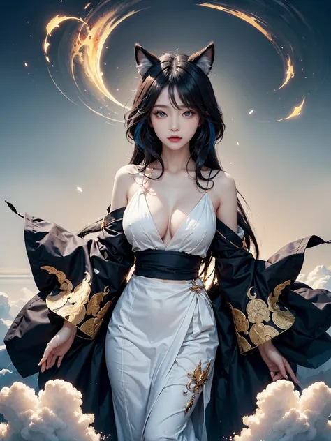 (A Divine Beast), Nine-Tailed Demon Fox, foxes ear, animal ears, animal tails, Dynamic Body Type, (Chinese Monster), beautiful, Splashed Ink, Chinese, 1girl, ((2.5D)), Floating Hair, Beautiful Eyes, Delicate Eyes, Delicate Silhouette, bare neck, bare nape,...