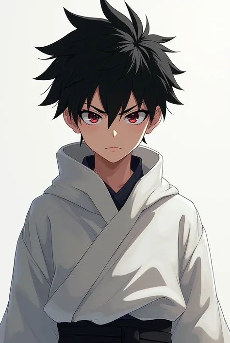 A young boy in a anime theme with his visible aura eyes colour black and cloth white  black in ninja theme not innocent 