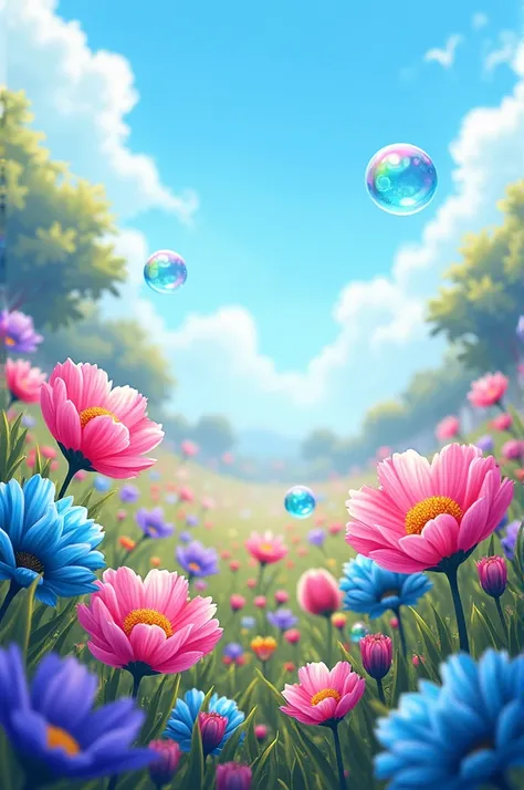 spring field of colordul oink blue and purple  flowers. Image should show the blue sky with blue clear bubbles  floating around. 