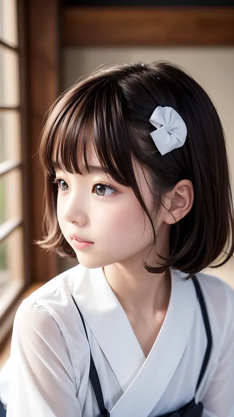  Adorable, classroom、 Japanese Girls, (Portraiture, close:1),Curly shorthair,  Scrunchie,( cheek,Glossy Lips:1),Ruffled Uniform、 View your viewers,  ,Sweaty, (Baby Face),   (Embarrassing, smile:0.7), (Pale skin:1.1), (From the side), sunset,  catch_Light, 