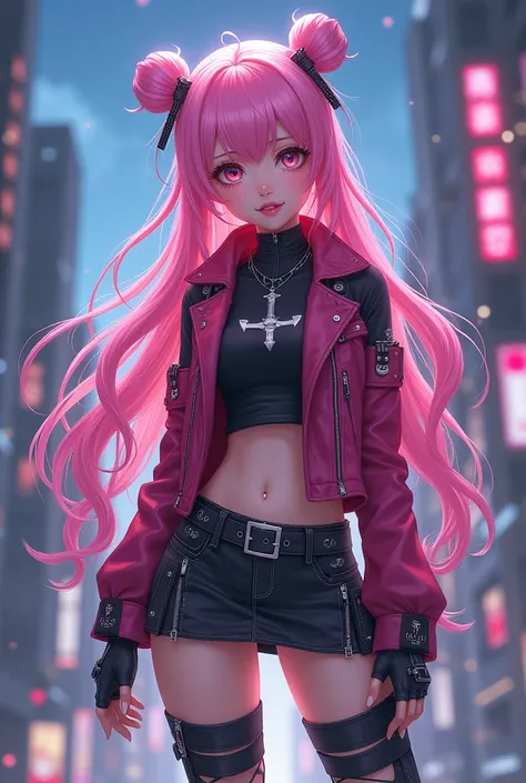 high resolution, best quality, masterpiece, Very high image quality, Extremely detailed, Surrealism, 3d, Japanese cartoons, illustration, fantasy, Hard Rock Girl, Very pretty and cute, Pink wavy hair, Side braids, mini skirt, Knee socks, Engineering boots,...