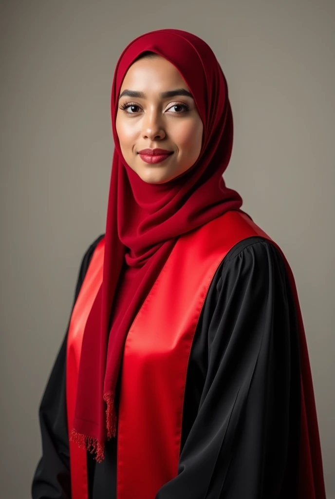 Graduation photo of a woman named Windri Ode, s. Please wear a red hijab and a red sash 