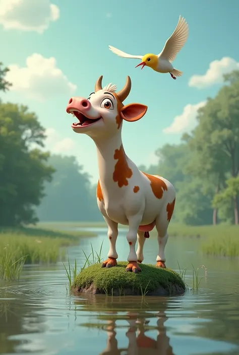 The cow standing on higher ground with floodwater visible around. The cow is trying to sing like a bird, with a joyful and comical expression.