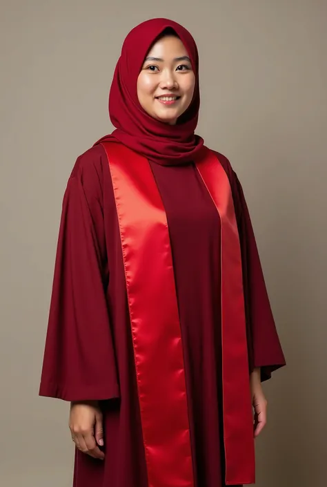 Graduation photo of a woman named Windri Ode, s. Please wear a red hijab and a red sash 