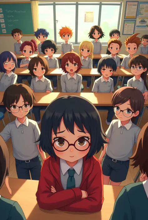 a classroom with 13 students, 6 girls and 7 boys, all wearing gray shirts, 3 wearing glasses, one wearing a red coat  