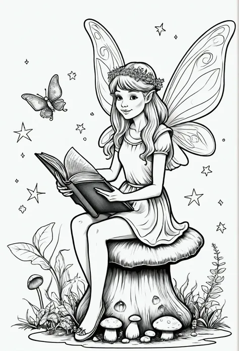 A fairy sitting on a toadstool, reading a book of spells, for coloring pages, full white,clean line art, childrens style, magic forest background, full body, Sketch style, playful style, childrens,coloring page, clean line art, white background, colouring ...