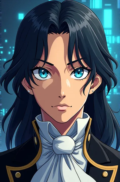 Make Blaise Pascal into anime art style with blue eyes and a fierce but calm face and Include his power which is the invention of the calculator