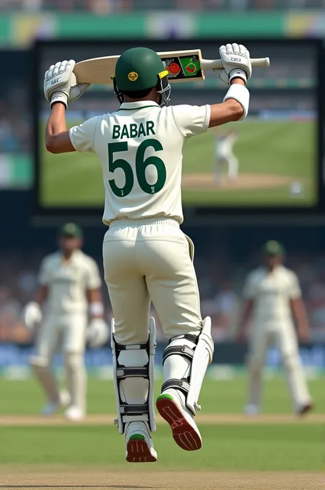 Aa realistic 3D image of a batsman (cricketer) of Pakistan in white coloured test kit (white jersey white trousers)a proper test kit which a cricketer wears but the arms of the kit should be half (half sleeved kit) and the cricketer is 5 feet and 10 inches...