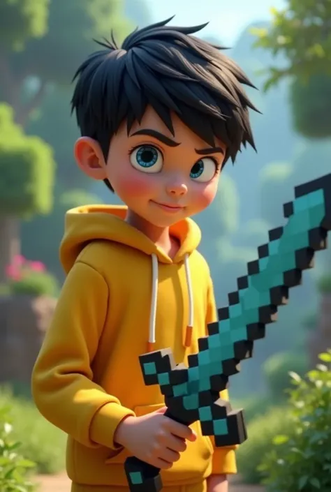 Hair : Black 
Eyes: blue 
Oufit: yellow jacket or hoodie 
Pose: holding Minecraft sword
Animated boy looking right now side pose
Background: nature 