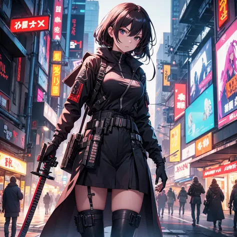 A warrior anime girl wear cyberpunk suit carry katana in hand fight with demon 