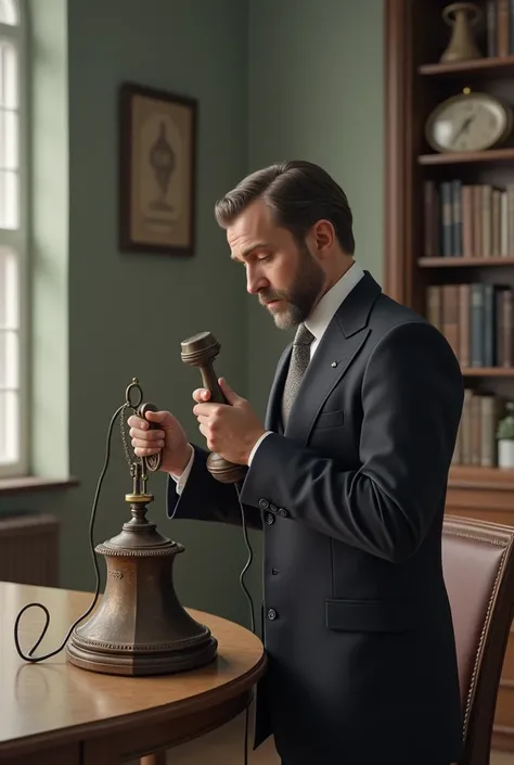 A modern person from 2024 talking on a Graham Bell telephone from 1876, make the image more natural