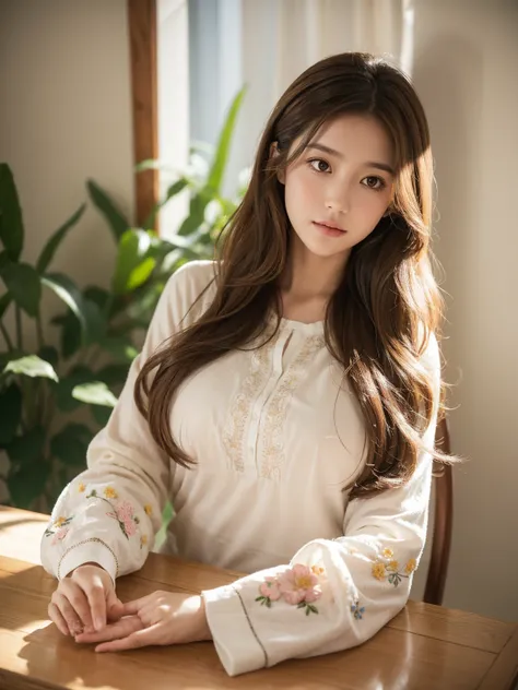 "A serene and soft portrait of a young woman with long, wavy, light brown hair, natural medium big breast, calm and thoughtful expression. Wearing a light-colored, loose-fitting blouse with floral embroidery on the sleeves. The lighting is natural and soft...