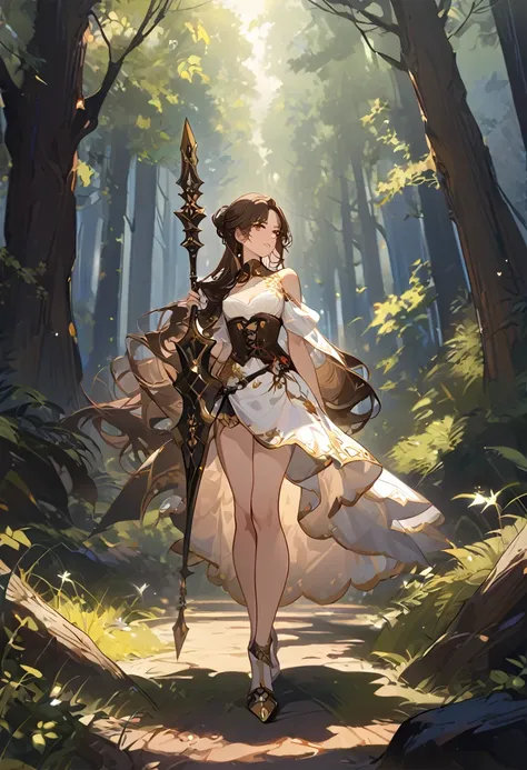 masterpiece, 1 female, dark brown hair, long hair, brown eyes, look away, white dress, dress to the knee, dress by the shoulder, leather corset, single slit dress, gold embroidery bottom part of the dress, black long pants, carrying spear, forest backgroun...