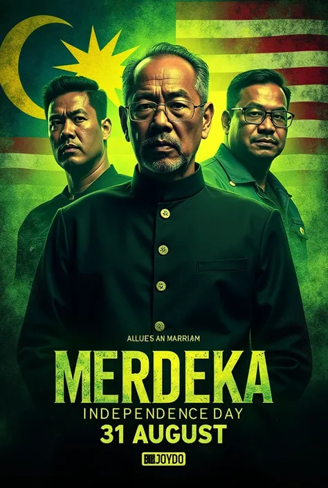 ( concert poster in metal theme prime color green and black but dont dont exclude malaysia flag color) info in poster = Merdeka, 31  august, malaysian prime minister and poster must be picturing malaysian independence day.

Remove the 2 people in the back ...