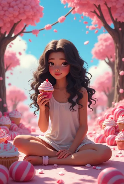  between 10 years , skin fair, long dark curly hair , with a cupcake in hand ,  sitting in a sweet world . 